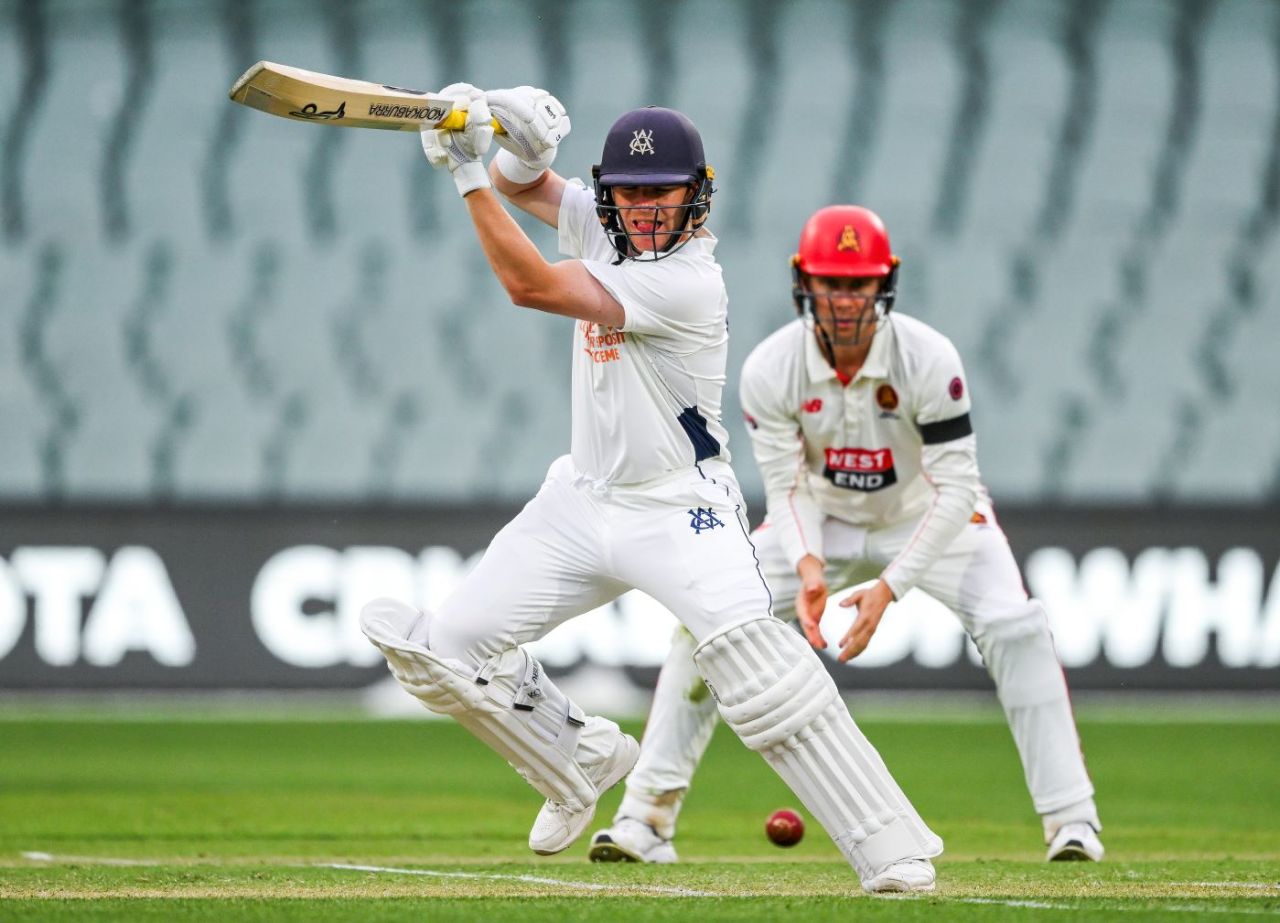 Marcus Harris punches off the back foot, South Australia vs Victoria, Sheffield Shield, Adelaide Oval, October 5, 2025
