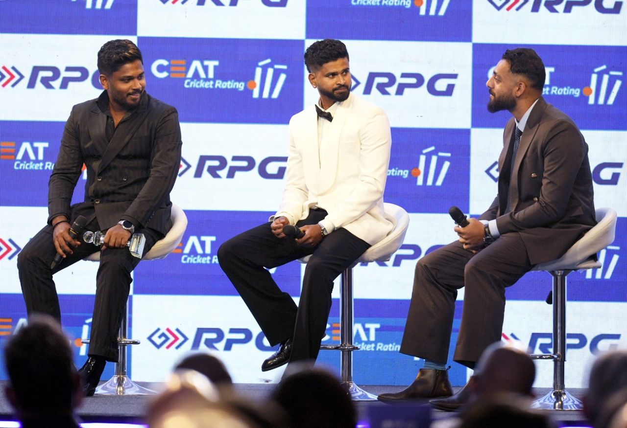 Sanju Samson, Shreyas Iyer and Varun Chakravarthy at the CEAT awards, Mumbai, October 7, 2025