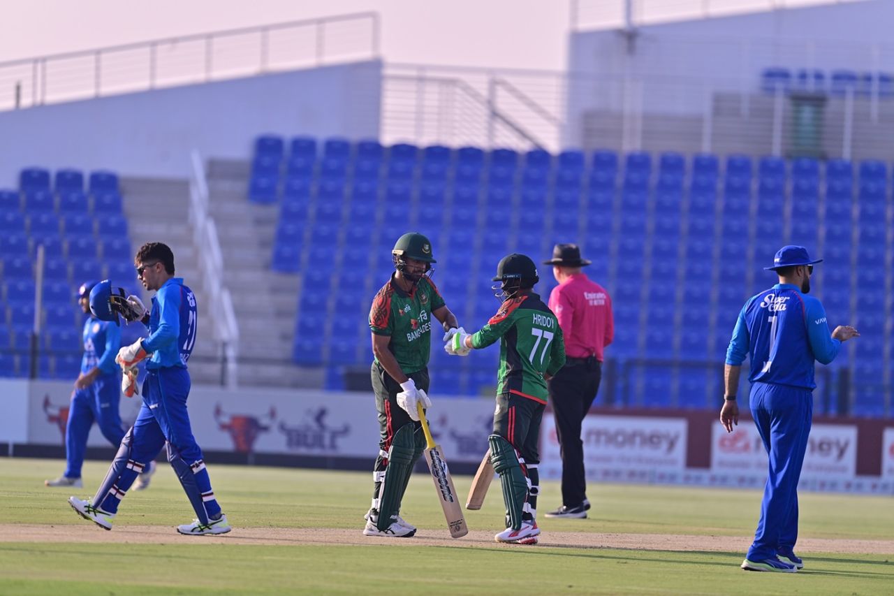 Mehidy Hasan Miraz and Towhid Hridoy rebuilt for Bangladesh, Afghanistan vs Bangladesh, 1st ODI, Abu Dhabi, October 8, 2025