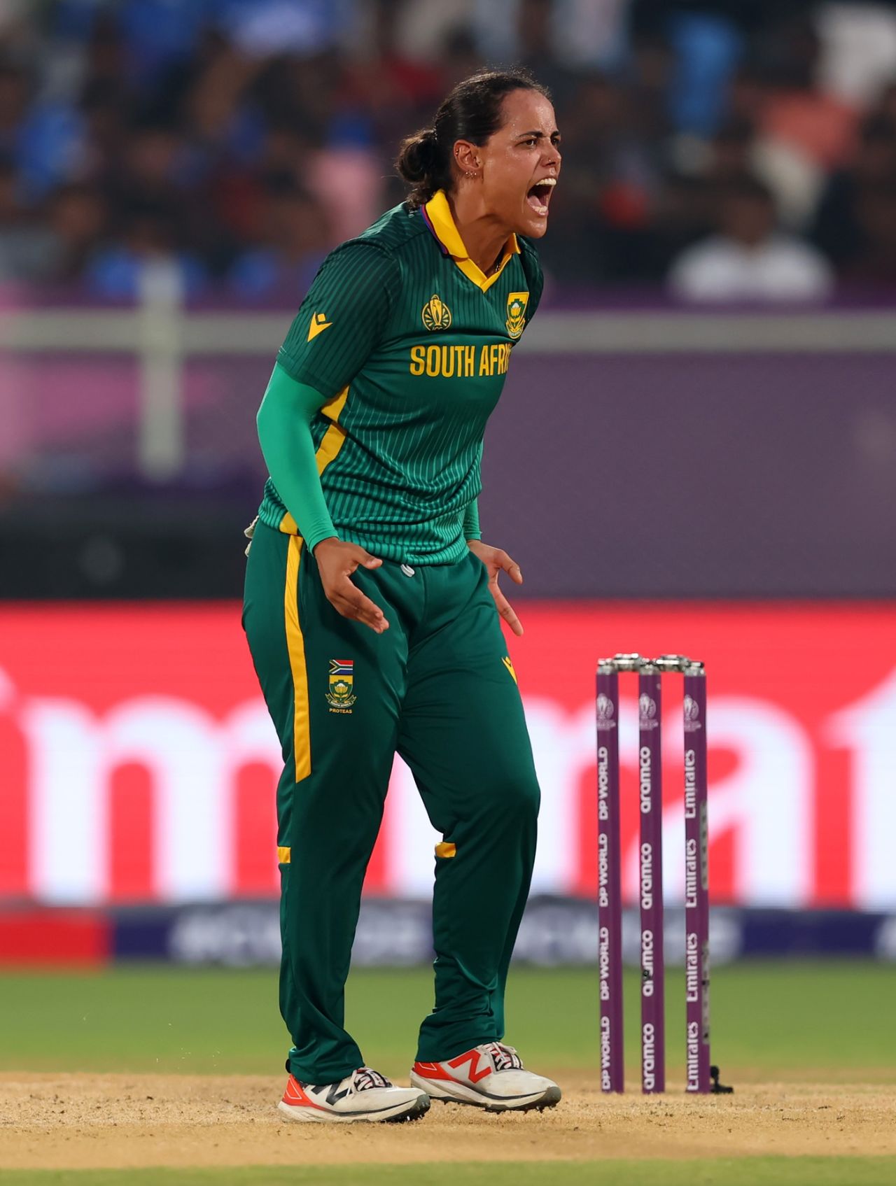 Chole Tryon is pumped after dismissing Harmanpreet Kaur, India vs South Africa, Women's ODI World Cup, Visakhapatnam, October 9, 2025