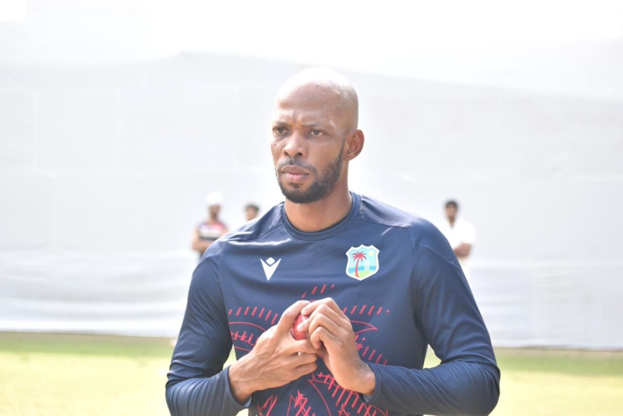 Roston Chase prepares to bowl at the nets, Delhi, October 9, 2025