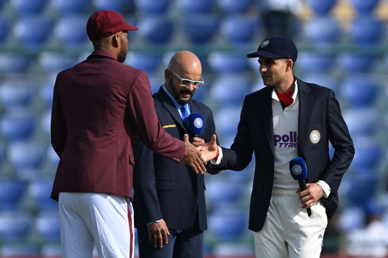 Roston Chase and Shubman Gill greet each other at the toss, India vs West Indies, 2nd Test, Delhi, 1st day, October 10, 2025
