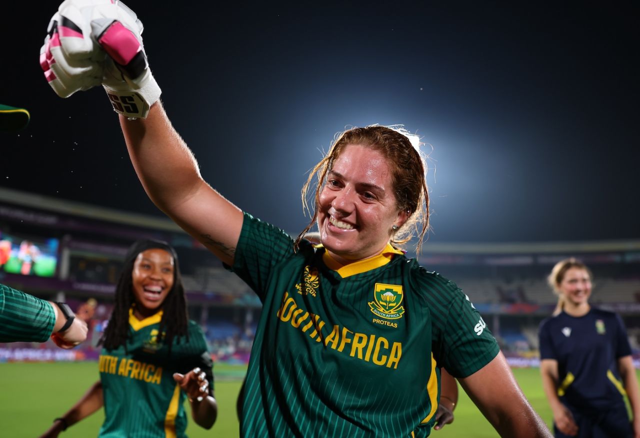 Nadine de Klerk is pumped after her heroics, India vs South Africa, Women's ODI World Cup, Visakhapatnam, October 9, 2025