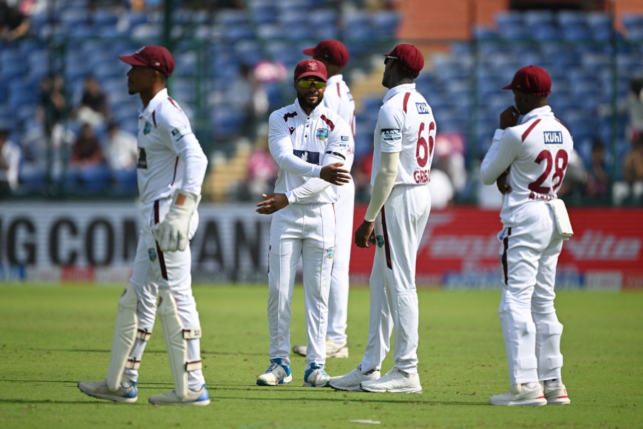 Shai Hope, Justin Greaves and Alick Athanaze at the slips, India vs West Indies, 2nd Test, Delhi, 1st day, October 10, 2025