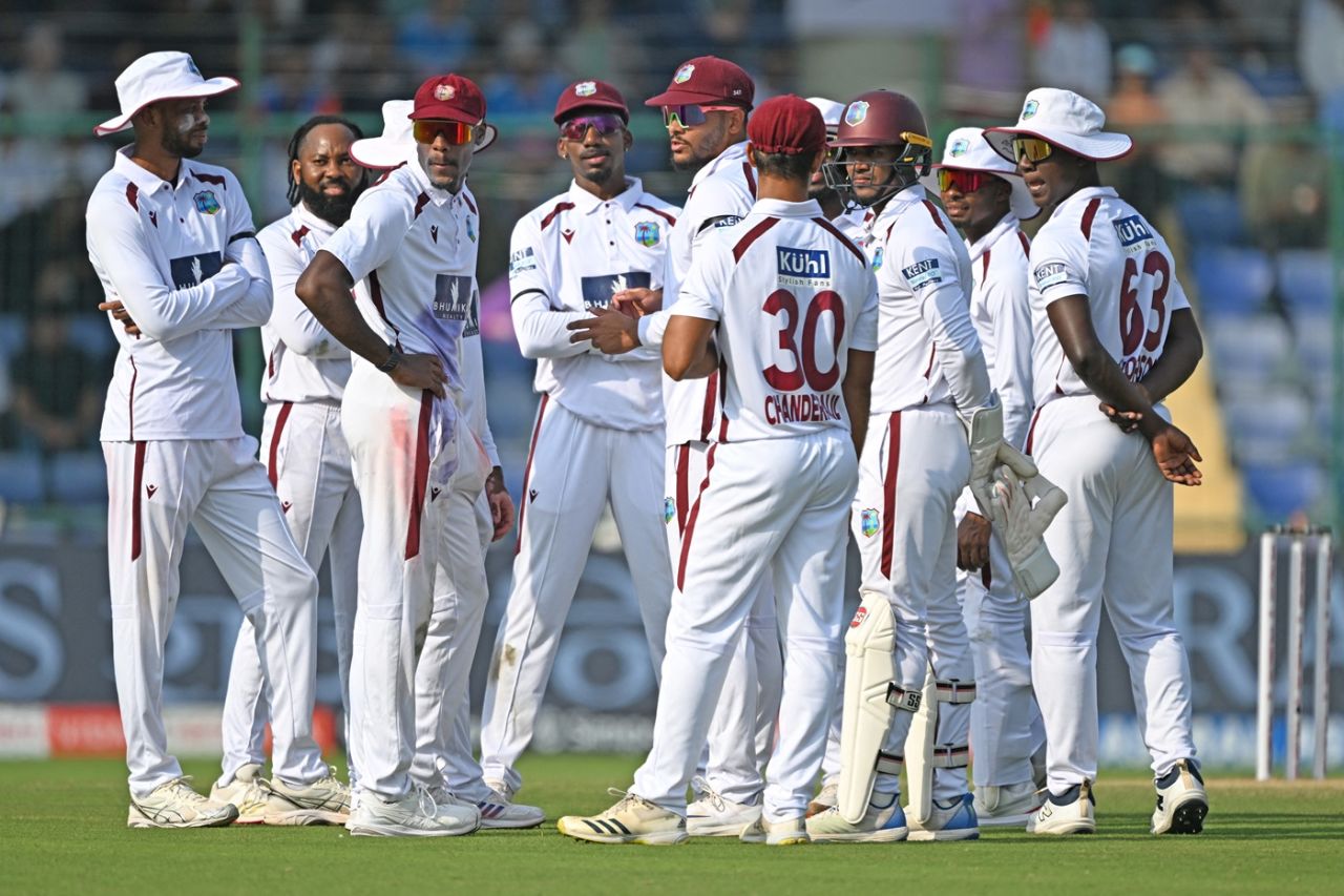 West Indies players wait for the third umpire's verdict, India vs West Indies, 2nd Test, Delhi, 1st day, October 10, 2025