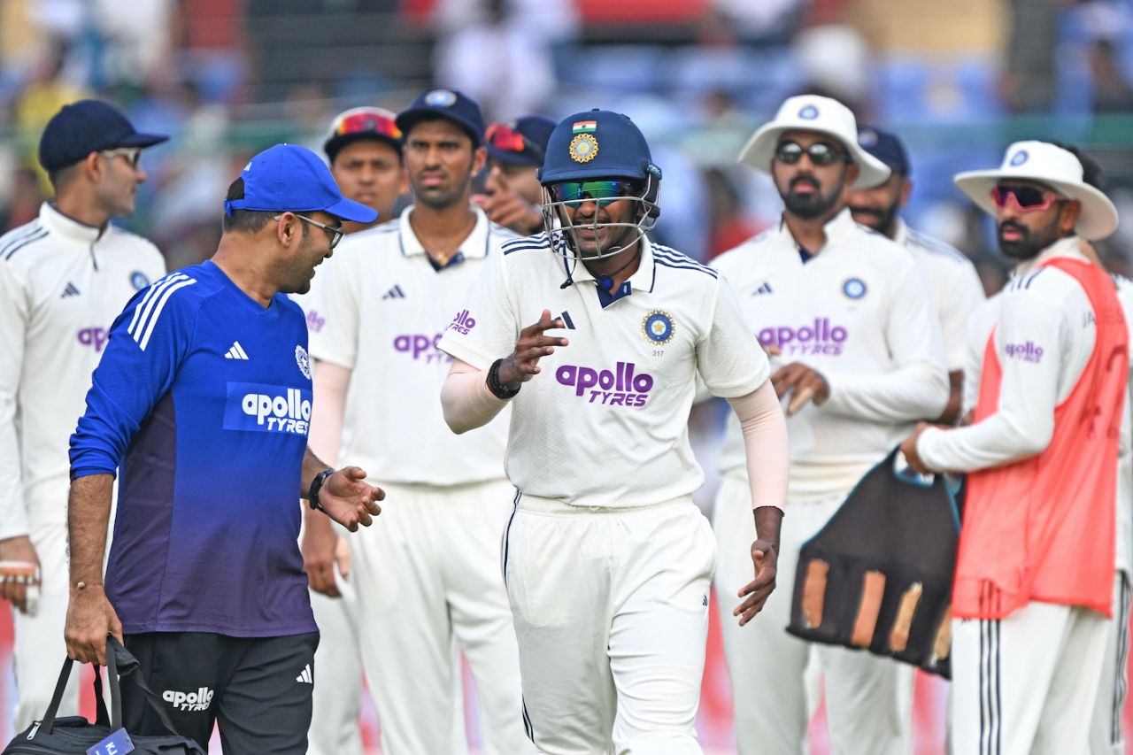 Sai Sudharsan has a laugh with the physio after taking a remarkable catch without getting hurt, India vs West Indies, 2nd Test, Delhi, 2nd day, October 11, 2025
