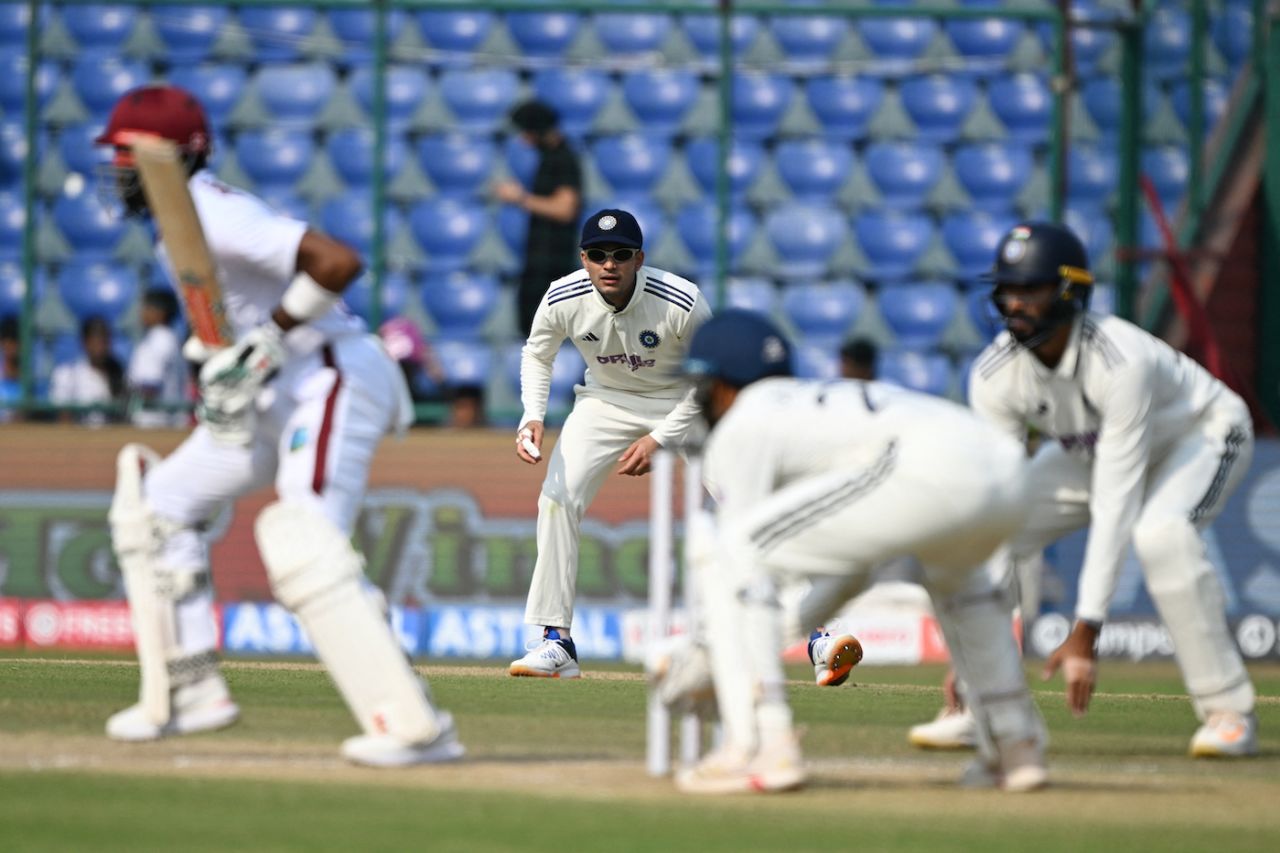 Shubman Gill gets into the action, at midwicket, India vs West Indies, 2nd Test, Delhi, 2nd day, October 11, 2025