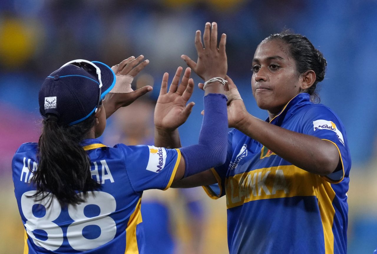 Dewmi Vihanga celebrates after completing a catch, England vs Sri Lanka, Women's ODI World Cup, Colombo, October 11, 2025