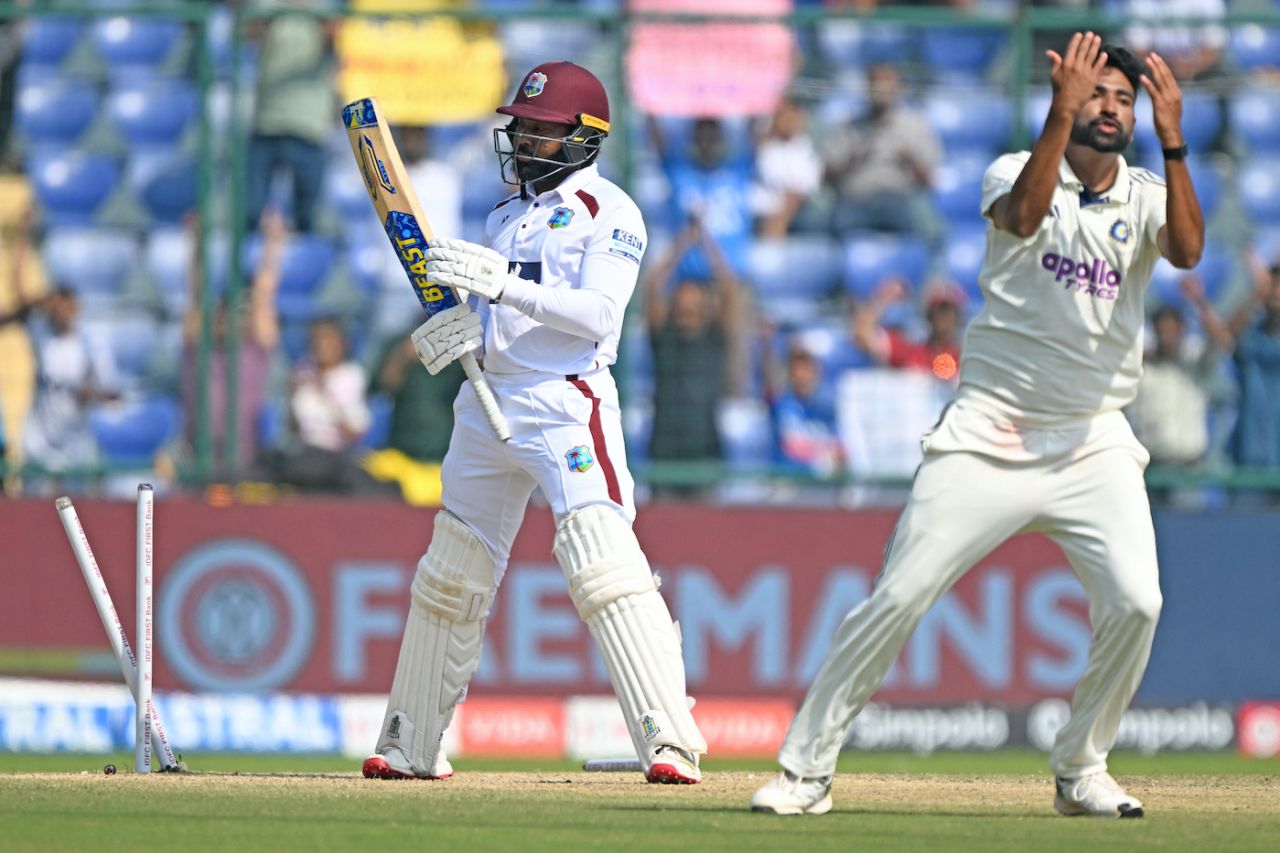 Jomel Warrican chopped on to Mohammed Siraj, India vs West Indies, 2nd Test, Delhi, 3rd Day, October 12, 2025
