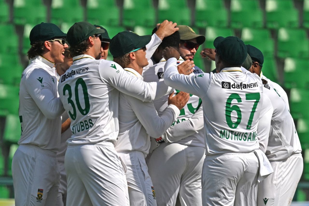 South Africa players celebrate the wicket of Abdulla Shafique, Pakistan vs South Africa, 1st Test, Day 1, Lahore, October 12, 2025