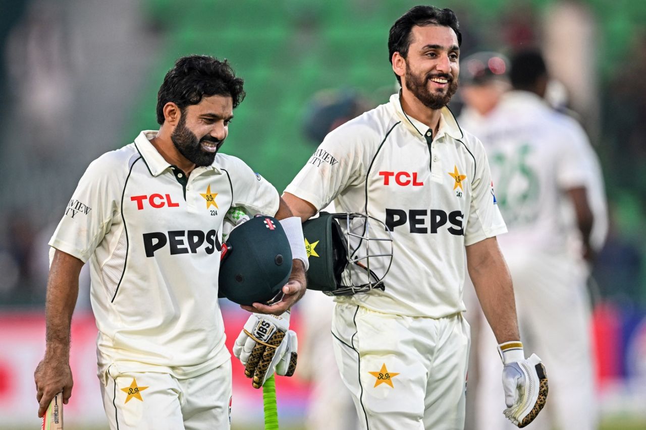 Mohammad Rizwan and Salman Agha walked back after an unbeaten 114-run stand on day one, Pakistan vs South Africa, 1st Test, Day 1, Lahore, October 12, 2025