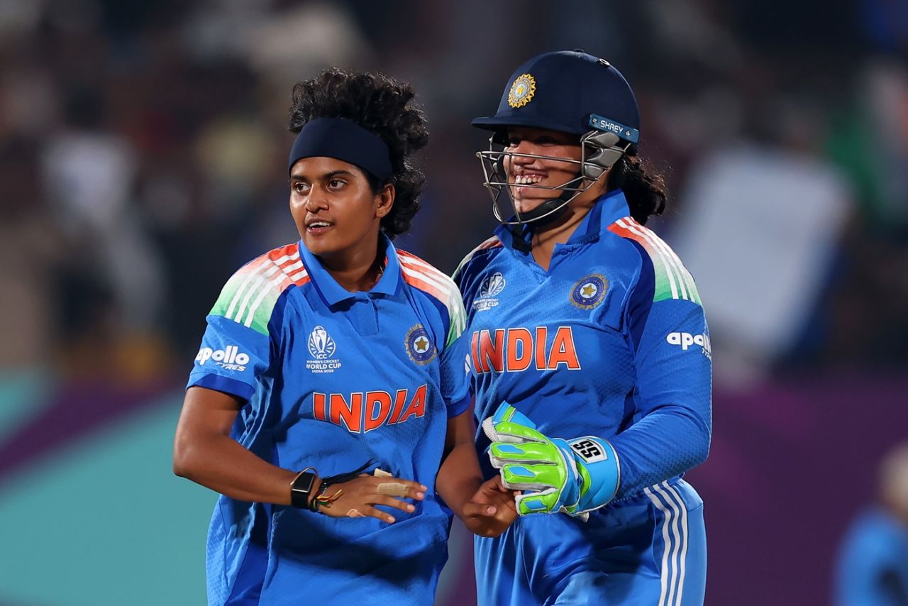 Shree Charani celebrates after getting of Phoebe Litchfield, India vs Australia, Women's ODI World Cup, Visakhapatnam, October 12, 2025