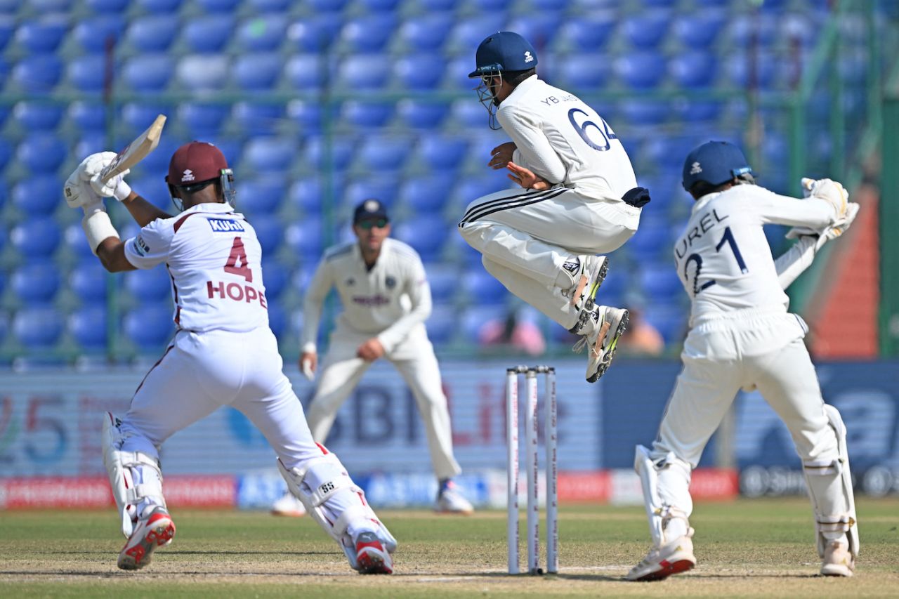 Up, up and away... goes Yashasvi Jaiswal trying to avoid being hit by a Shai Hope cut, 2nd Test, Delhi, 4th Day, October 13, 2025