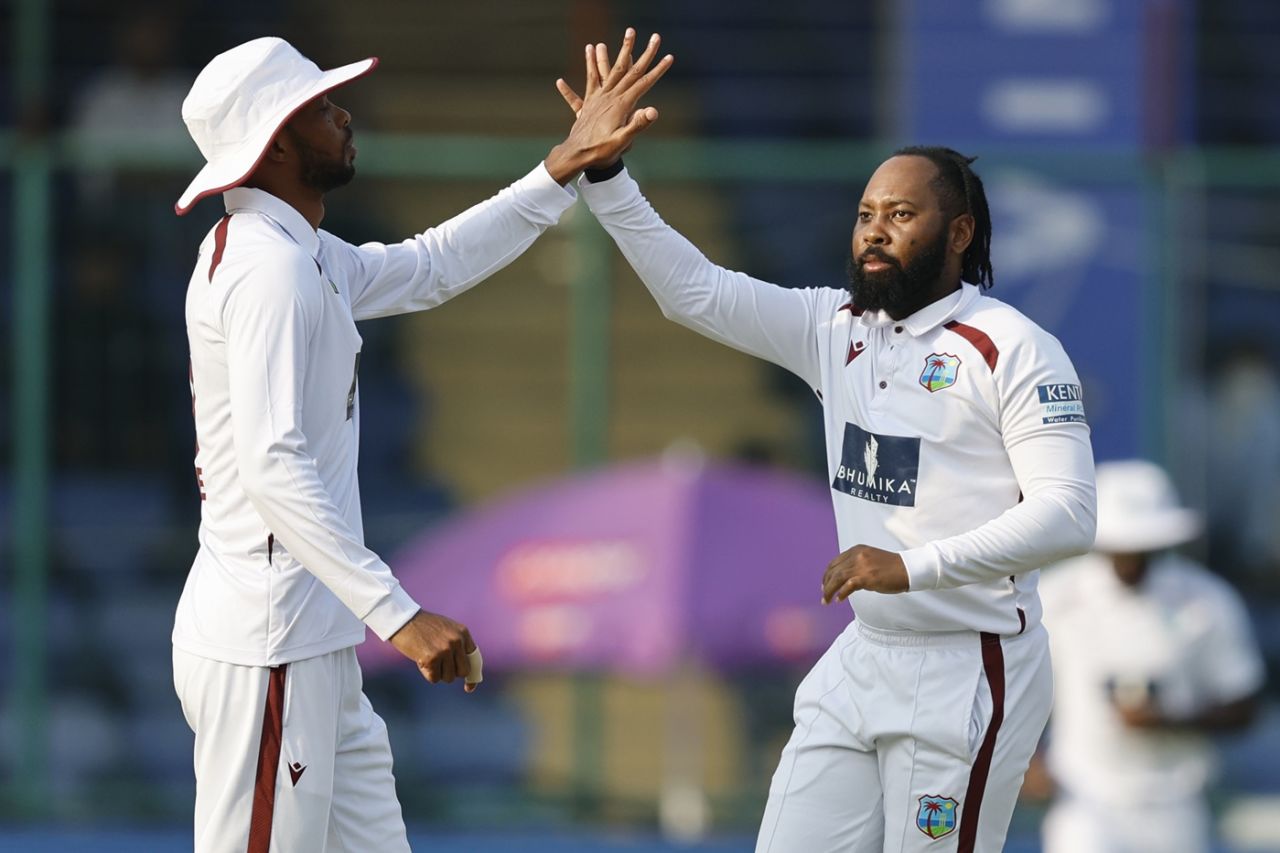 Jomel Warrican celebrates after getting rid of Yashasvi Jaiswal early, India vs West Indies, 2nd Test, Delhi, 4th day, October 13, 2025