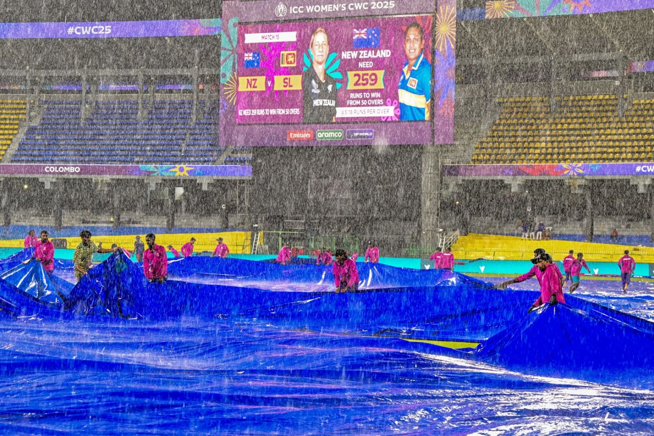 Rain kept the players indoors after the innings break, New Zealand vs Sri Lanka, Women's ODI World Cup, Colombo, October 14, 2025