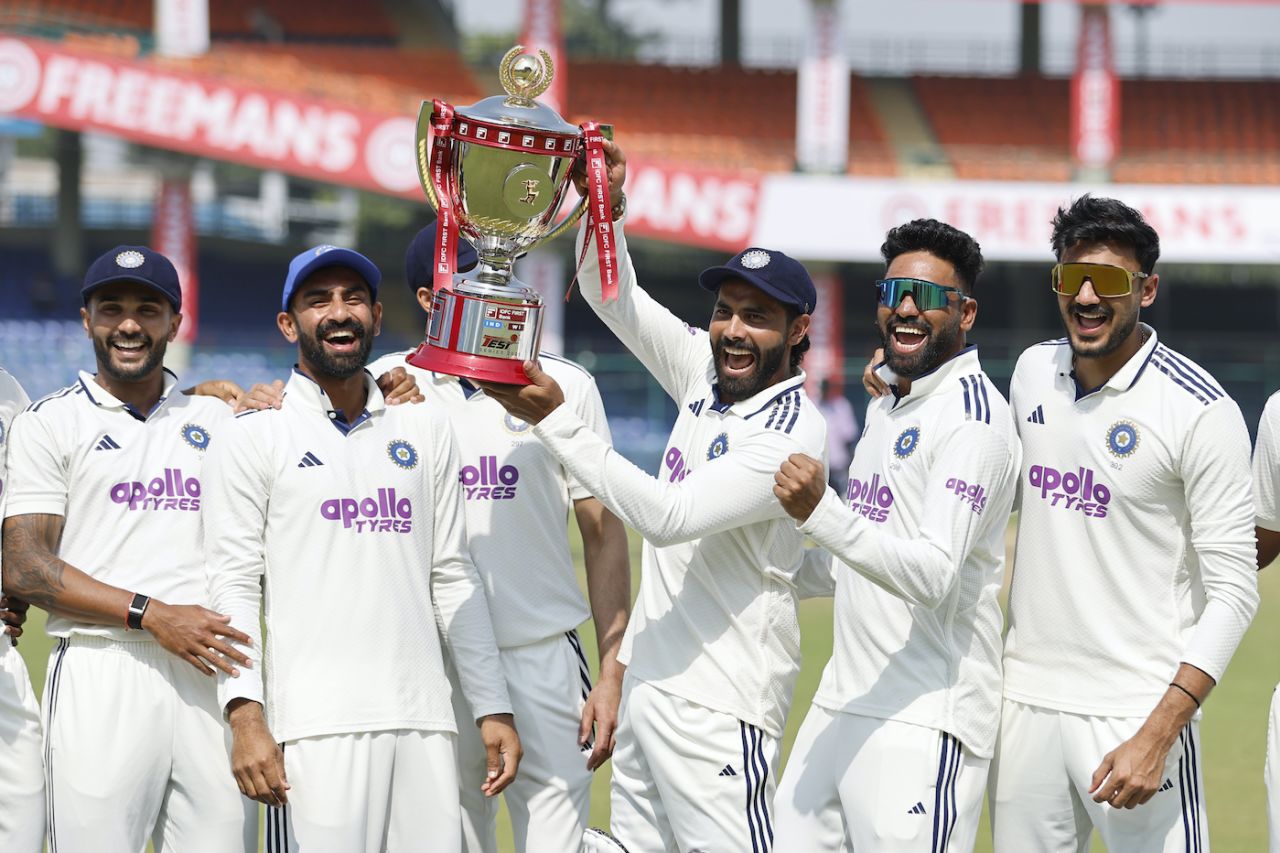 Nitish Kumar Reddy, N Jagadeesan, Ravindra Jadeja, Mohammed Siraj and Axar Patel party with the series trophy, India vs West Indies, 2nd Test, Delhi, 5th Day, October 14, 2025