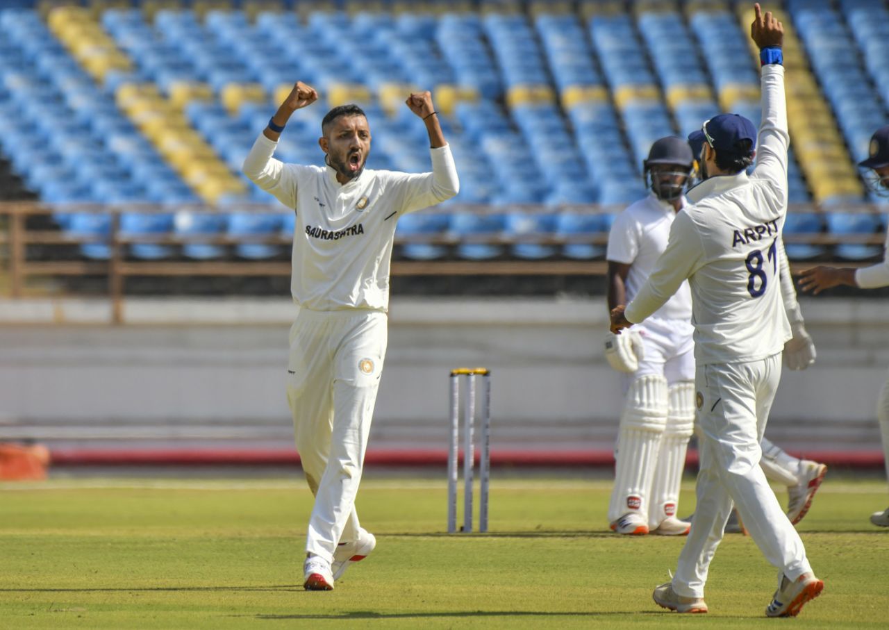 Dharmendrasinh Jadeja took a four-for on the first day, Saurasthra vs Karnataka, Ranji Trophy, 1st day, Rajkot, October 15, 2025