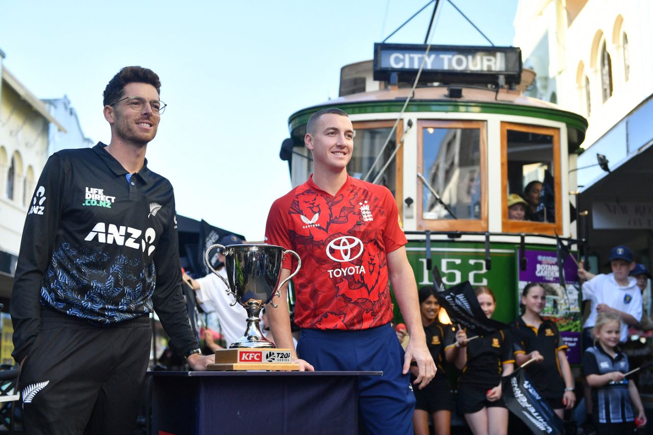 Mitchell Santner and Harry Brook pose with the series trophy, Christchurch, October 15, 2025