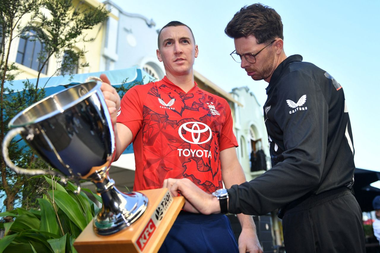 Harry Brook and Mitchell Santner have a keen eye on the series trophy, Christchurch, October 15, 2025