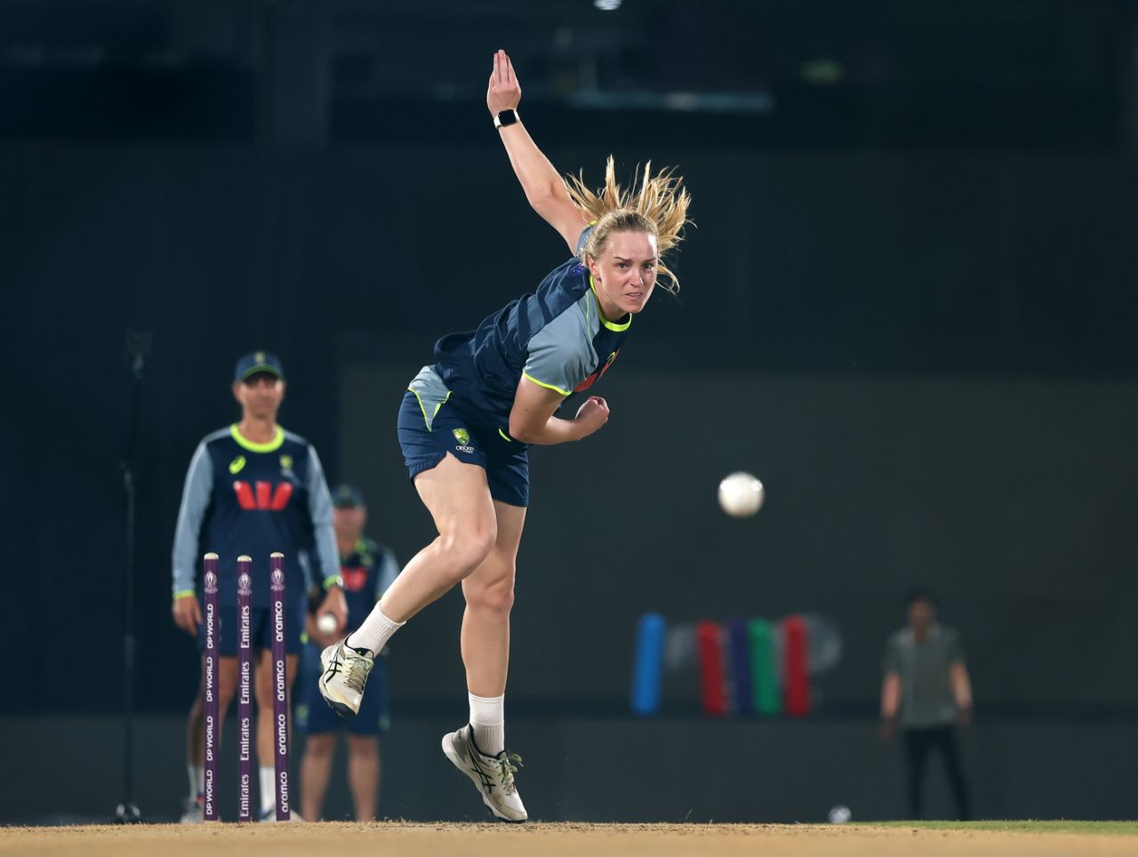 Kim Garth bowls during a practice session, Visakhapatnam, October 15, 2025