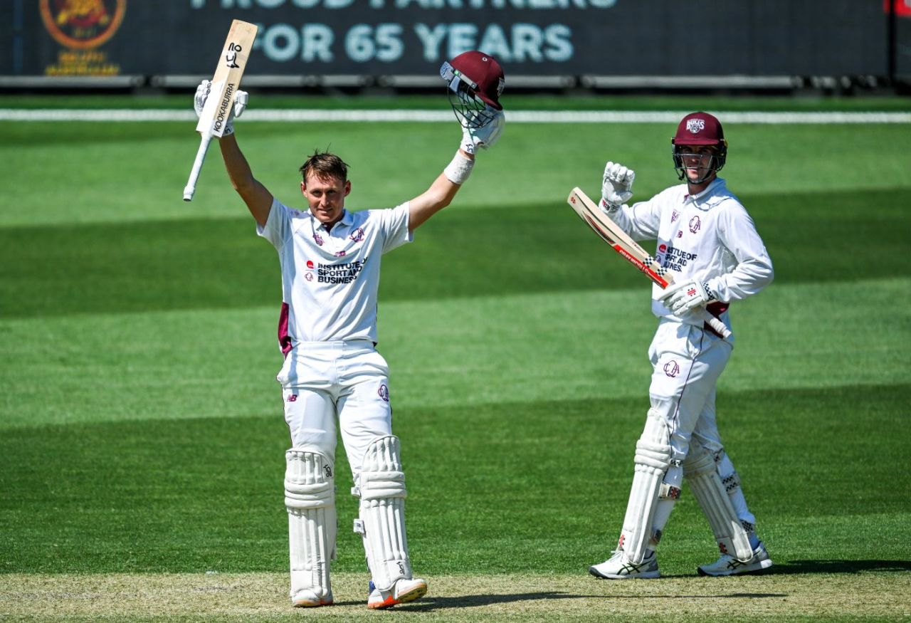 Marnus Labuschagne celebrates back-to-back Shield centuries, South Australia vs Queensland, Sheffield Shield, Adelaide Oval, October 16, 2025