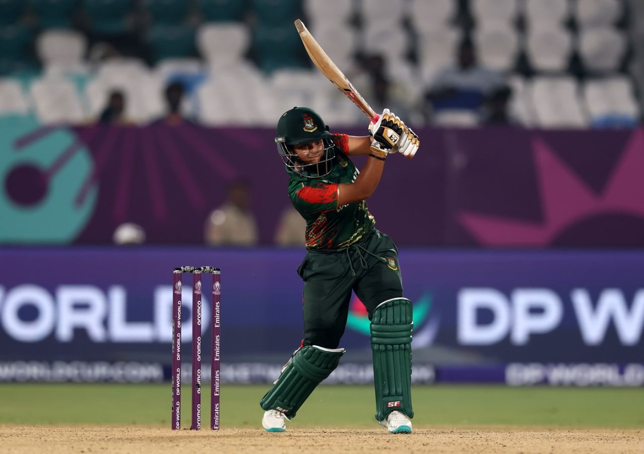 Sobhana Mostary punches one straight down the ground, Australia vs Bangladesh, Women's World Cup, Visakhapatnam, October 16, 2025