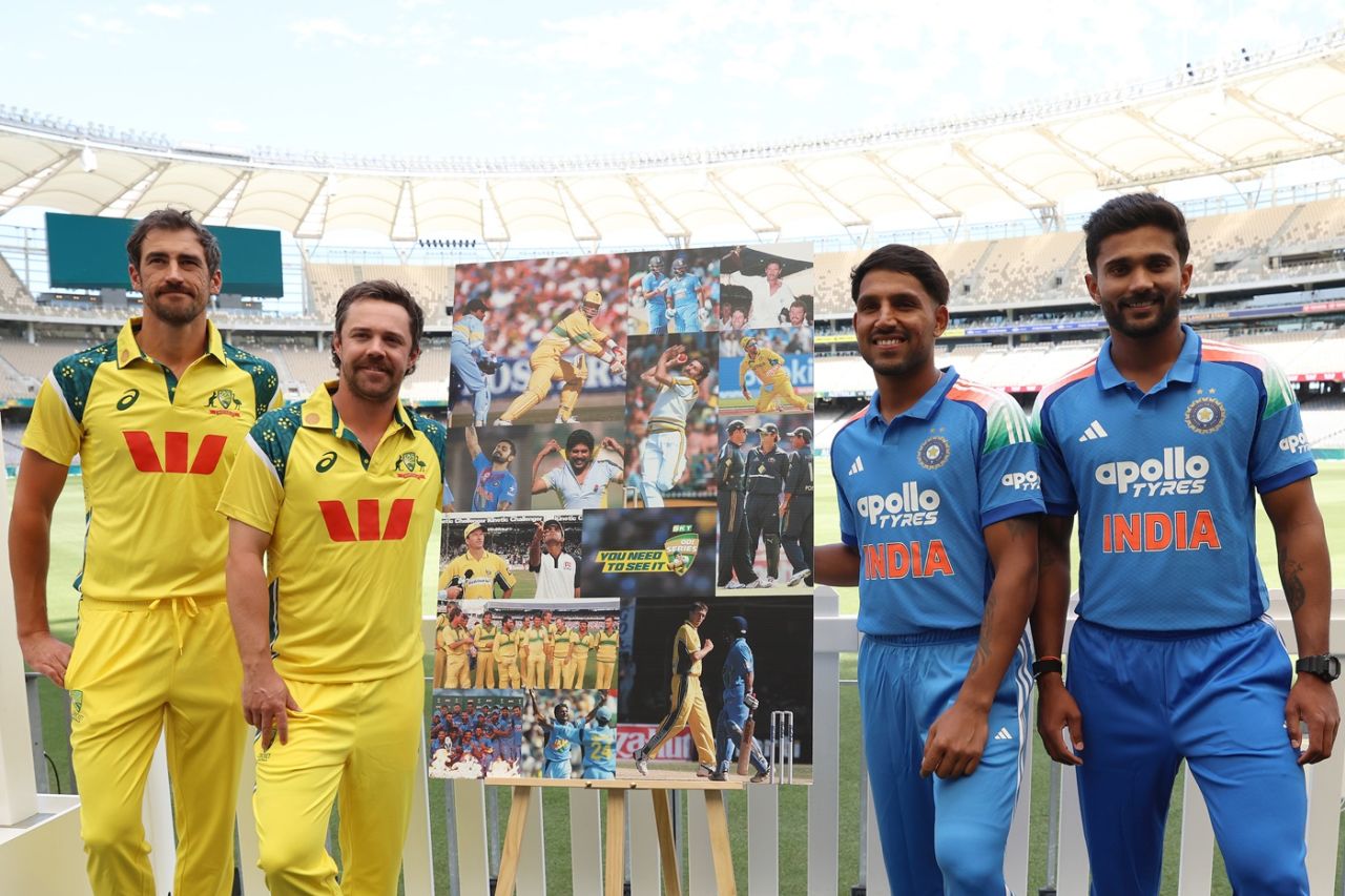 Mitchell Starc, Travis Head, Dhruv Jurel and Nitish Kumar Reddy at the launch of the Australia-India series, Perth, October 17, 2025