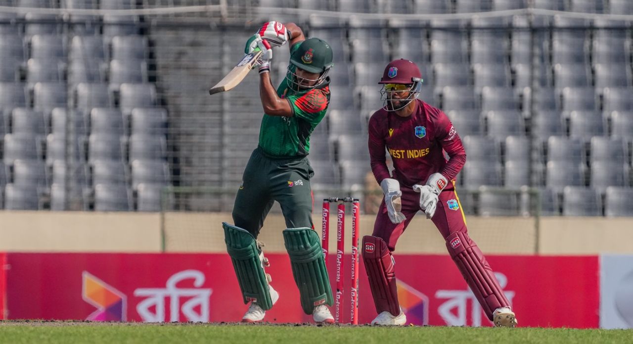 Najmul Hossain Shanto punches one off the back foot, Bangladesh vs West Indies, 1st ODI, Mirpur, October 18, 2025