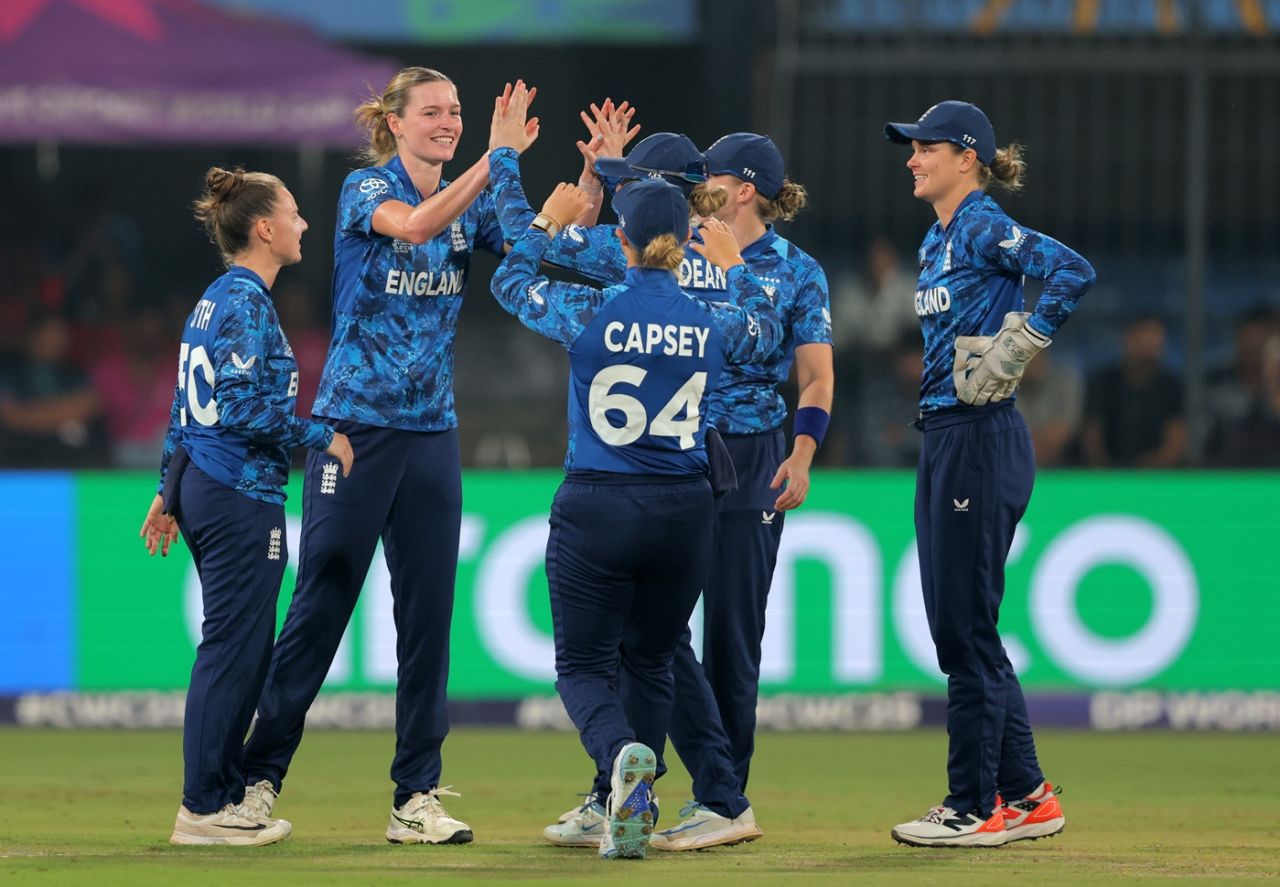 Lauren Bell celebrates after getting rid of Pratika Rawal early, India vs England, Women's ODI World Cup, Indore, October 19, 2025