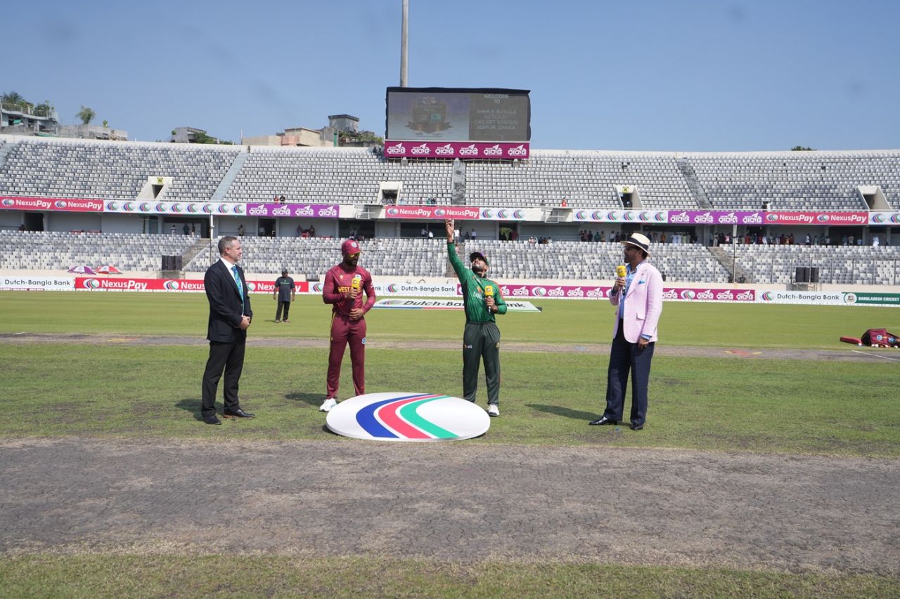 Shai Hope and Mehidy Hasan Miraz at the toss, Bangladesh vs West Indies, 2nd ODI, Mirpur, October 21, 2025