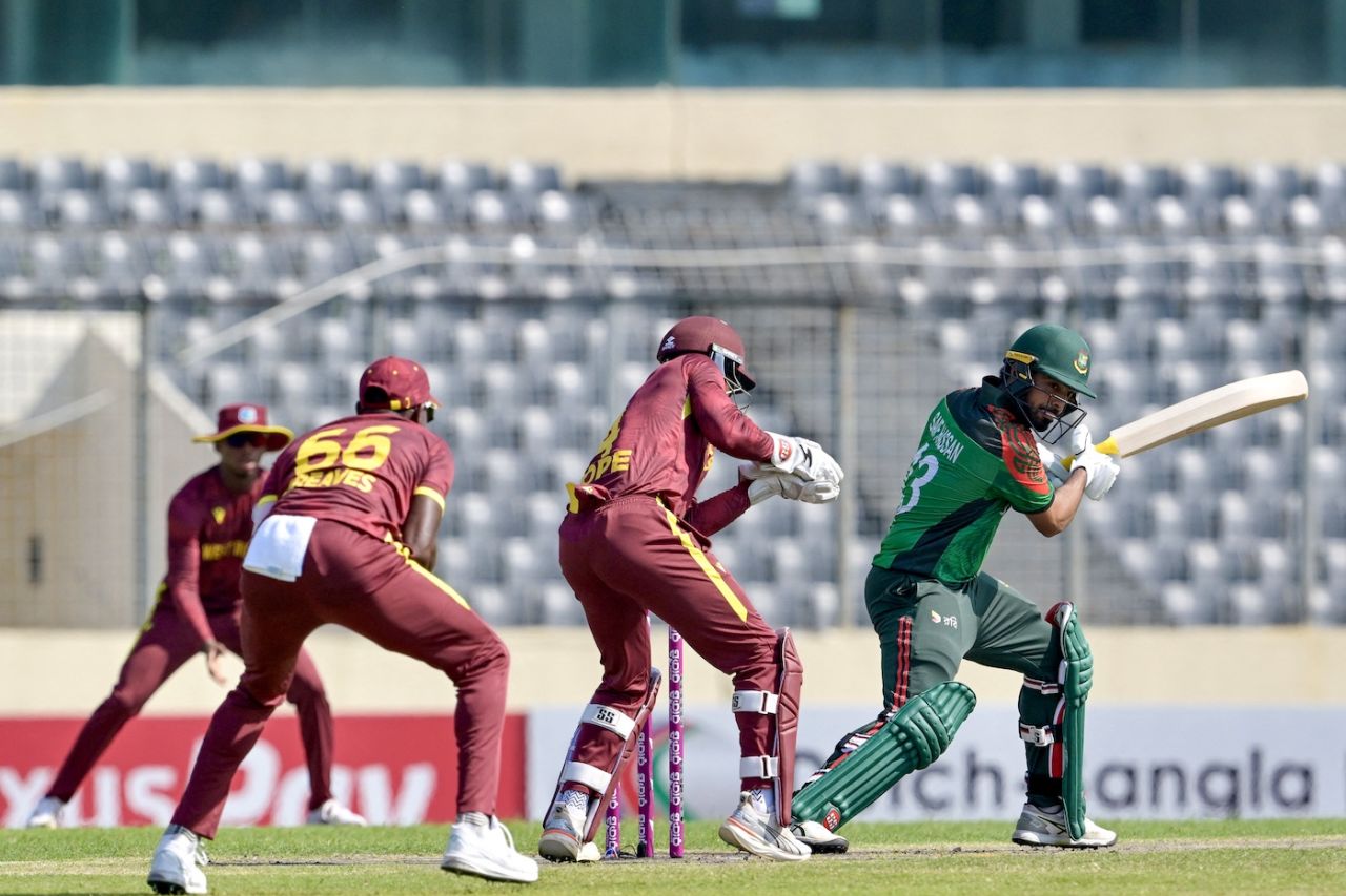 Saif Hassan has a dab at one outside off, Bangladesh vs West Indies, 2nd ODI, Dhaka, October 21, 2025