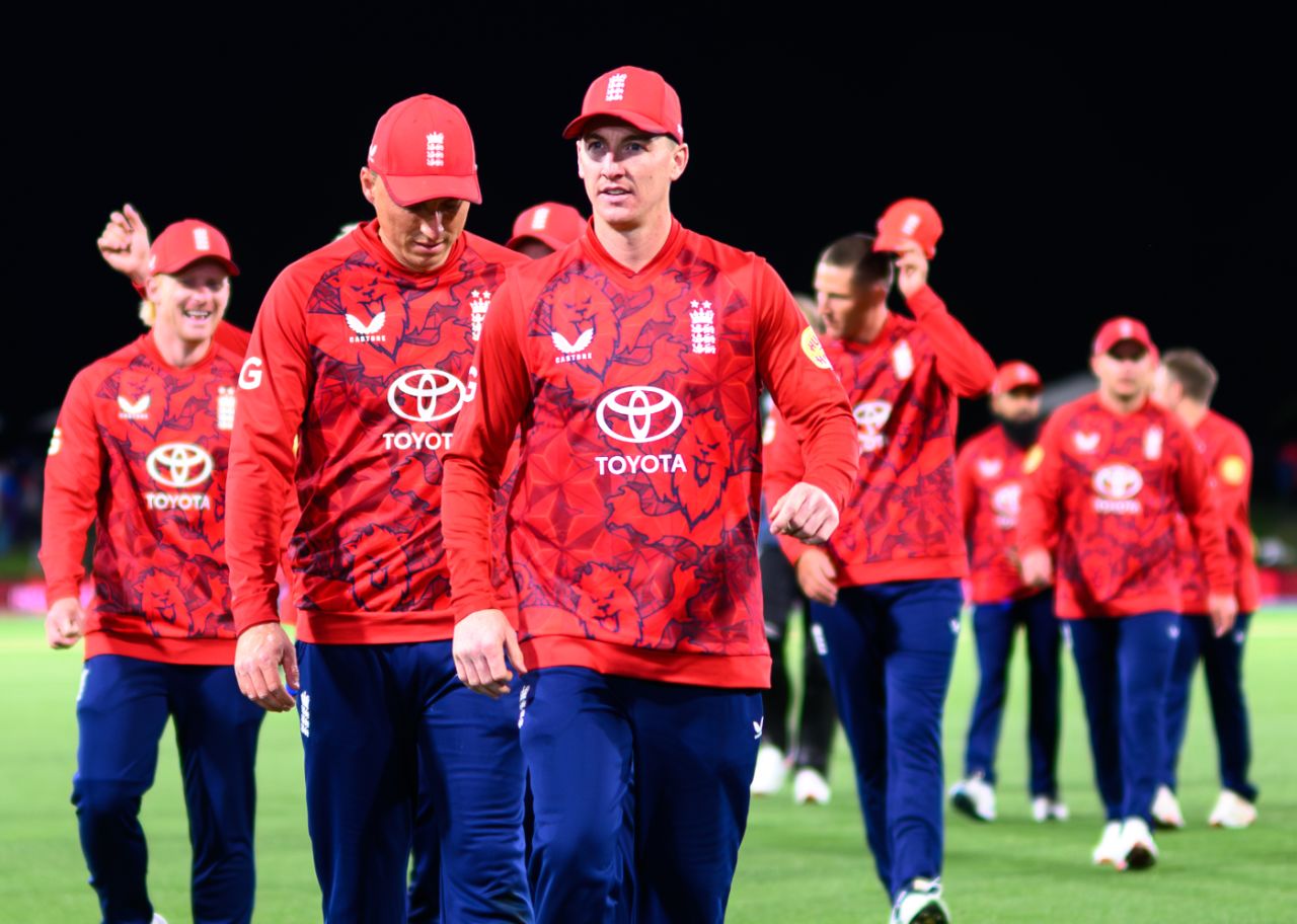 Harry Brook leads his team from the field after victory in the second T20I, New Zealand vs England, 2nd Men's T20I, Hagley Oval, Christchurch, October 20, 2025