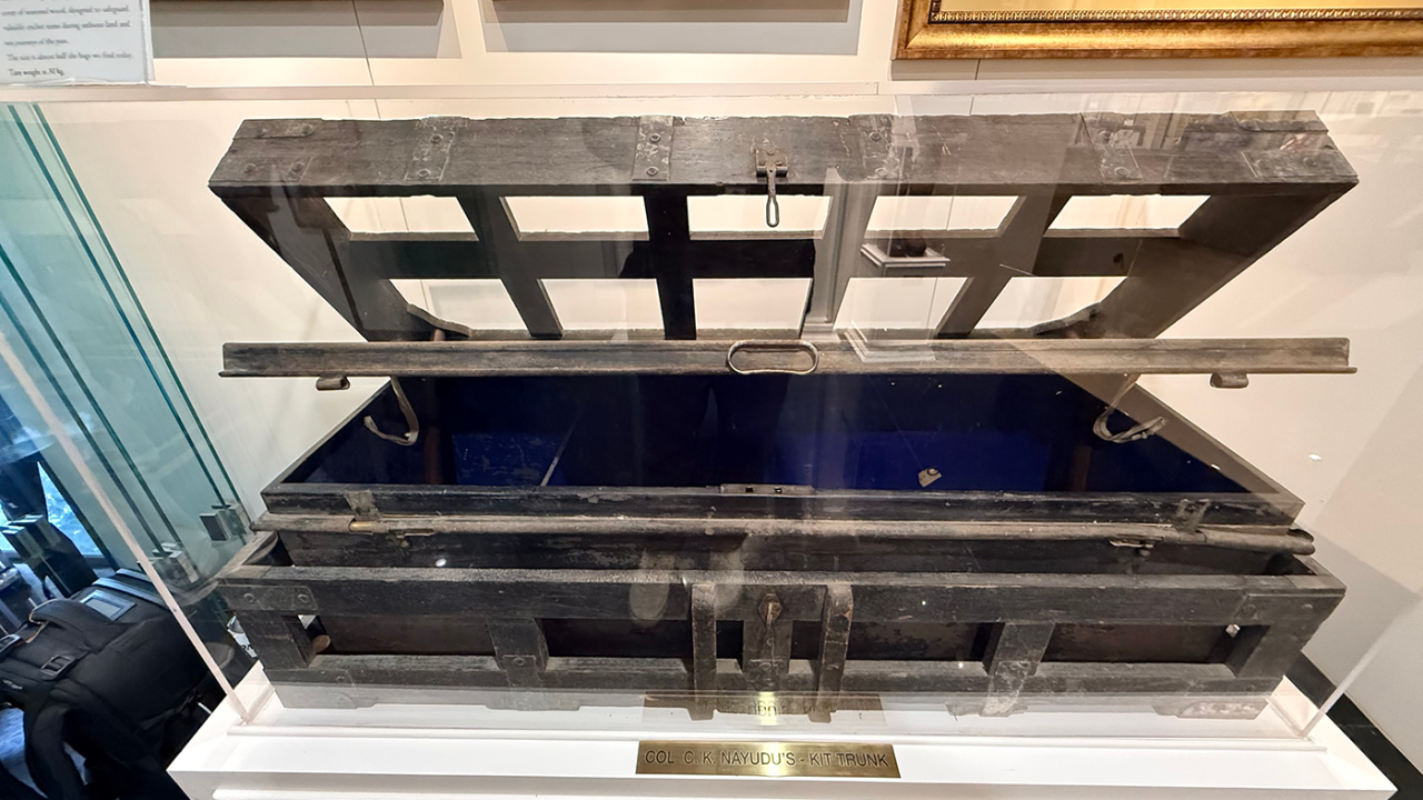 CK Nayudu's kit bag, displayed at the museum in Holkar Stadium, Indore, October 22, 2025