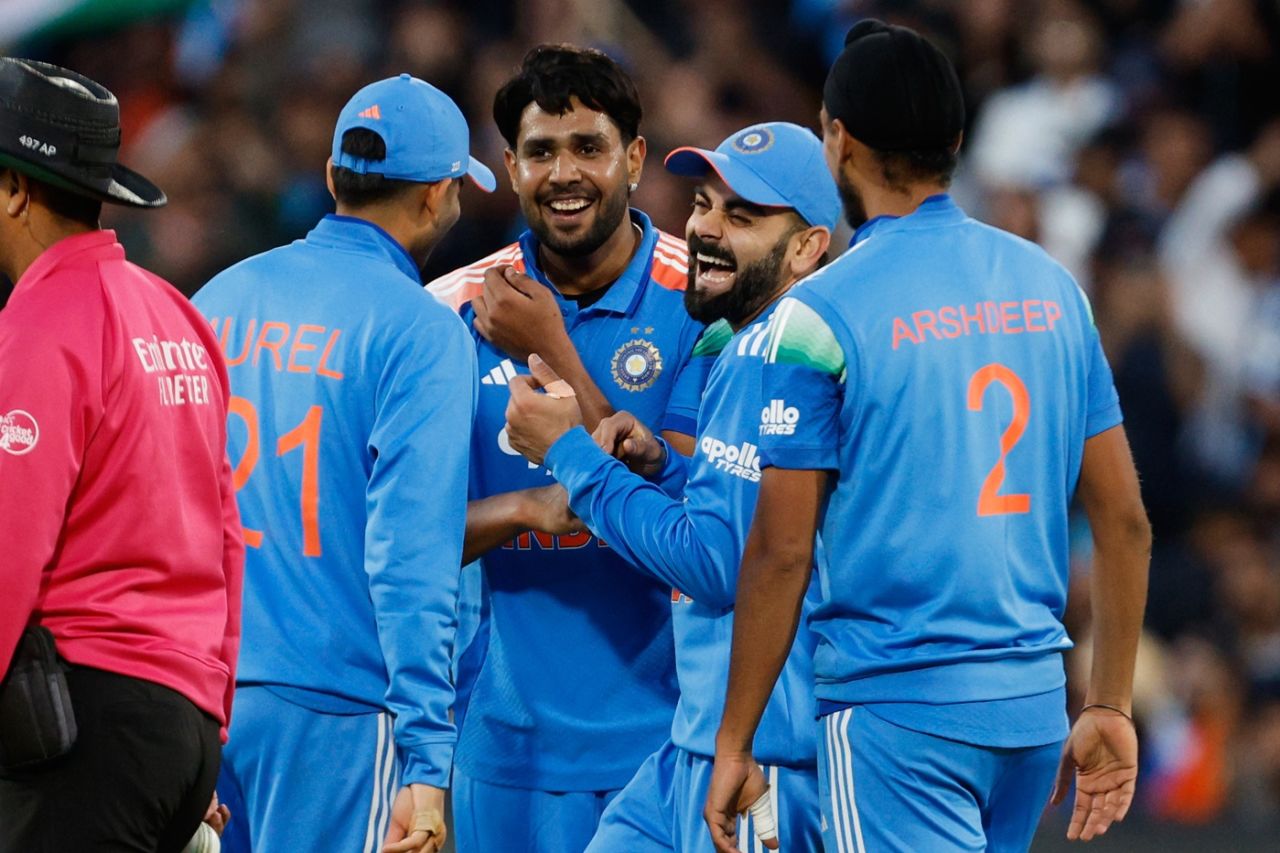 Harshit Rana celebrates the wicket of Travis Head with his team-mates, Australia vs India, 2nd ODI, Adelaide, October 23, 2025
