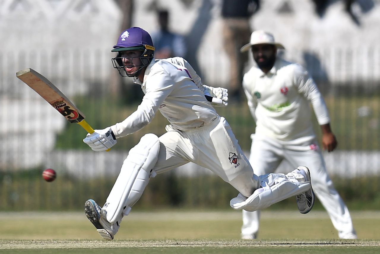 Omair Yousuf reacts after playing a shot, Lahore Region Whites vs Karachi Region Blues, Quaid-e-Azam Trophy, Abbottabad, October 24, 2025
