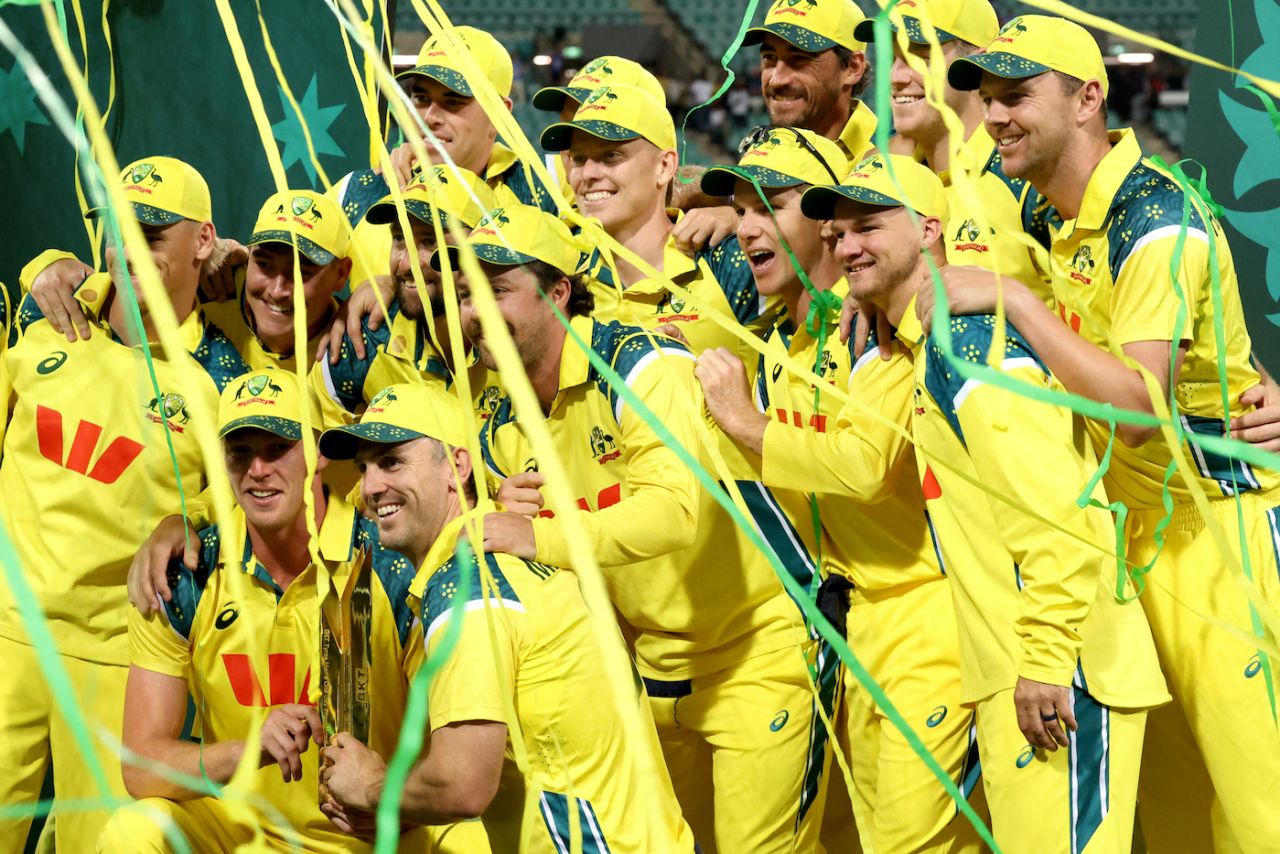 Ribbons fly as Mitchell Marsh and Co get their hands on the series trophy, Australia vs India, 3rd ODI, Sydney, October 25, 2025