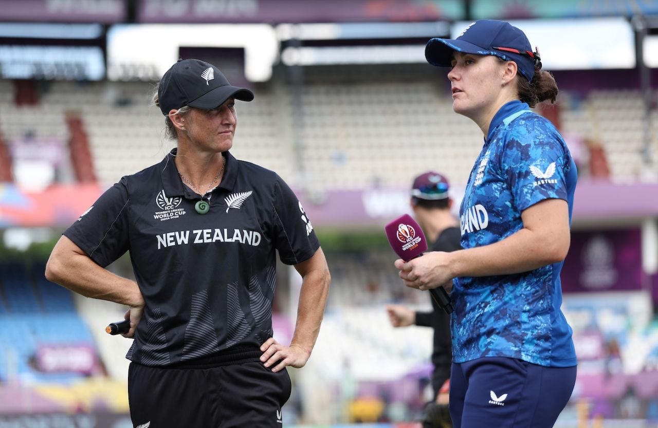 Sophie Devine and Nat Sciver-Brunt have a chat at the toss, England vs New Zealand, Women's World Cup, Visakhapatnam, October 26, 2025