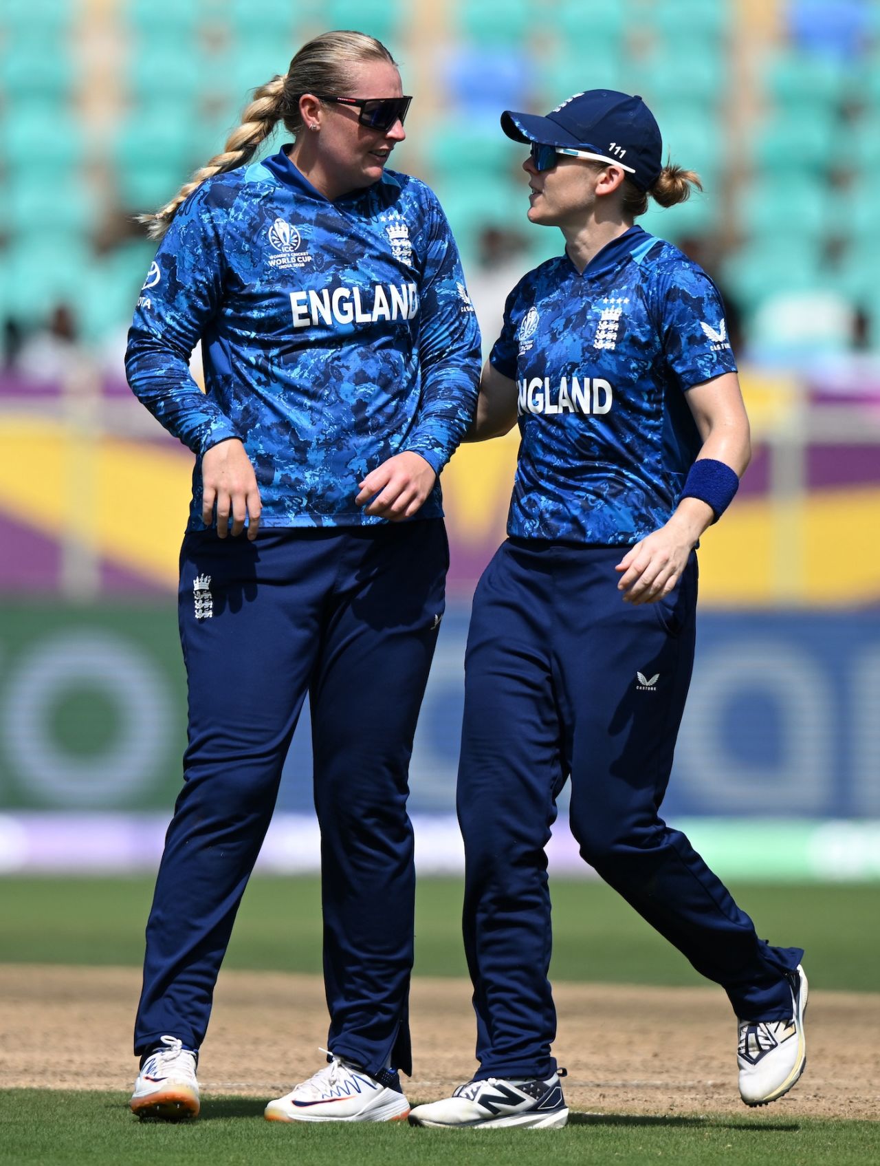 Sophie Ecclestone is congratulated by nat Sciver-Brunt after sending back Brooke Halliday, England vs New Zealand, Women's World Cup, Visakhapatnam, October 26, 2025