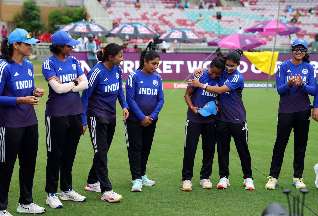 Amanjot Kaur hugs Uma Chetry, who is set to play her maiden ODI, India vs Bangladesh, Women's World Cup 2025, Navi Mumbai, October 26, 2025