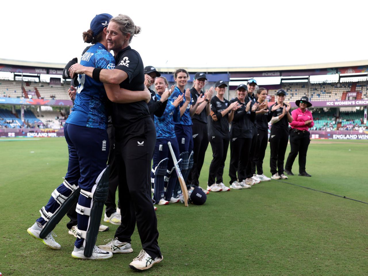 Sophie Devine and Nat Sciver-Brunt embrace at the end of the match, England vs New Zealand, Women's World Cup, Visakhapatnam, October 26, 2025