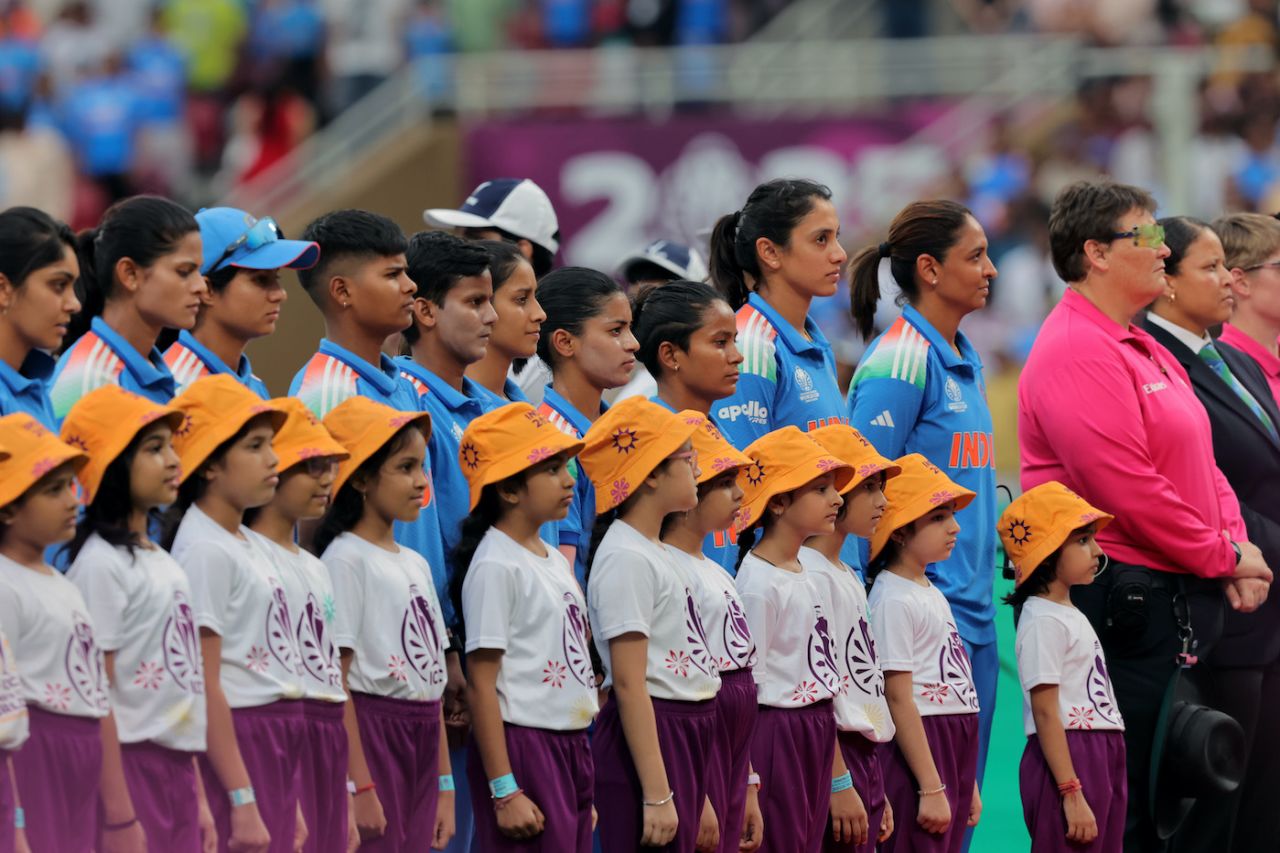 Harmanpreet Kaur, Smriti Mandhana, team India and their mascots at the national anthems, India vs Bangladesh, Women's World Cup 2025, Navi Mumbai, October 26, 2025