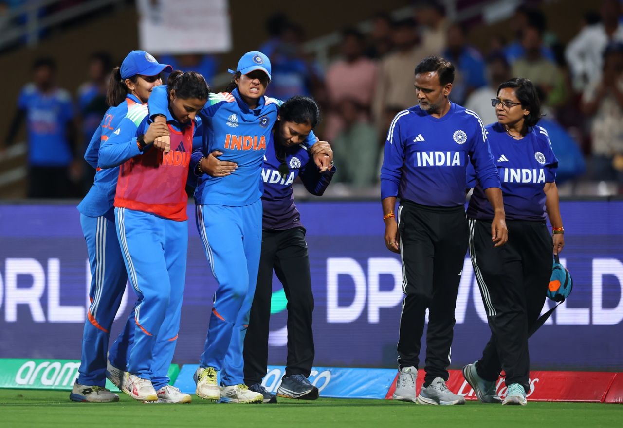 Pratika Rawal walks off the field after twisting her ankle, India vs Bangladesh, Women's World Cup 2025, Navi Mumbai, October 26, 2025