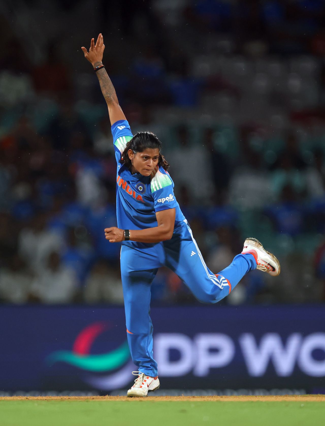 Radha Yadav's follow-through clocked, and indeed clicked, in focus mode, India vs Bangladesh, Women's World Cup 2025, Navi Mumbai, October 26, 2025