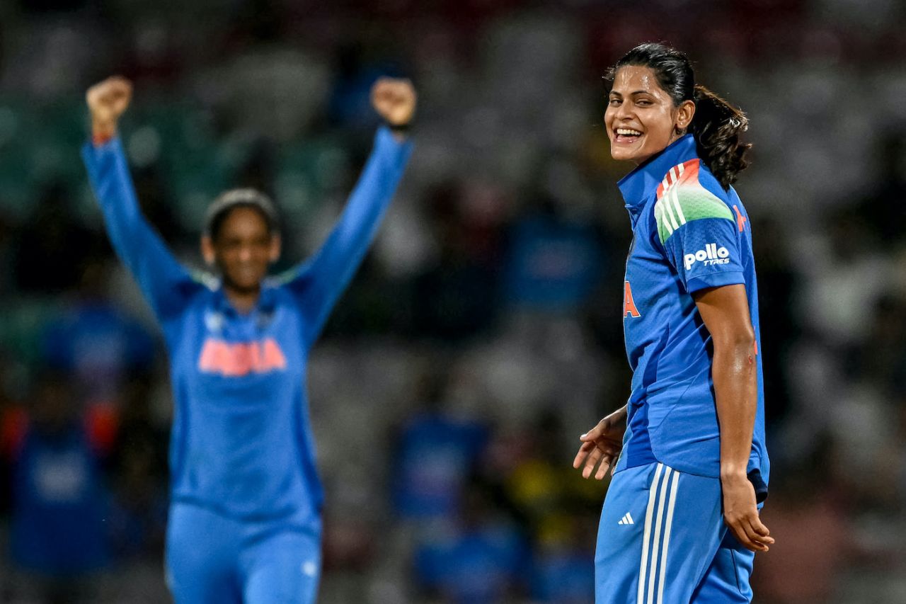 Radha Yadav celebrating snazzily after wicket-taking skilfully, India vs Bangladesh, Women's World Cup 2025, Navi Mumbai, October 26, 2025