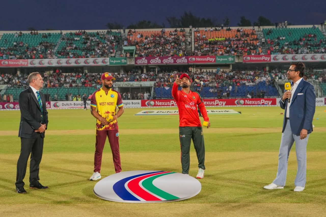 Litton Das and Shai Hope at the toss, Bangladesh vs West Indies, 1st T20I, Chattogram, October 27, 2025