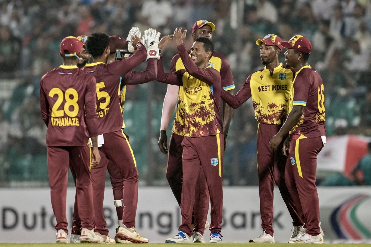 Akeal Hosein celebrates a wicket, Bangladesh vs West Indies, 1st T20I, Chattogram, October 27, 2025