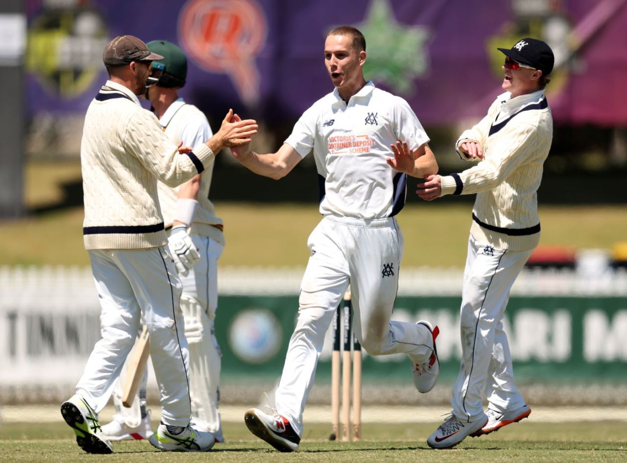 Mitchell Perry celebrates a wicket, Victoria vs Tasmania, Melbourne, Sheffield Shield, October 29, 2025