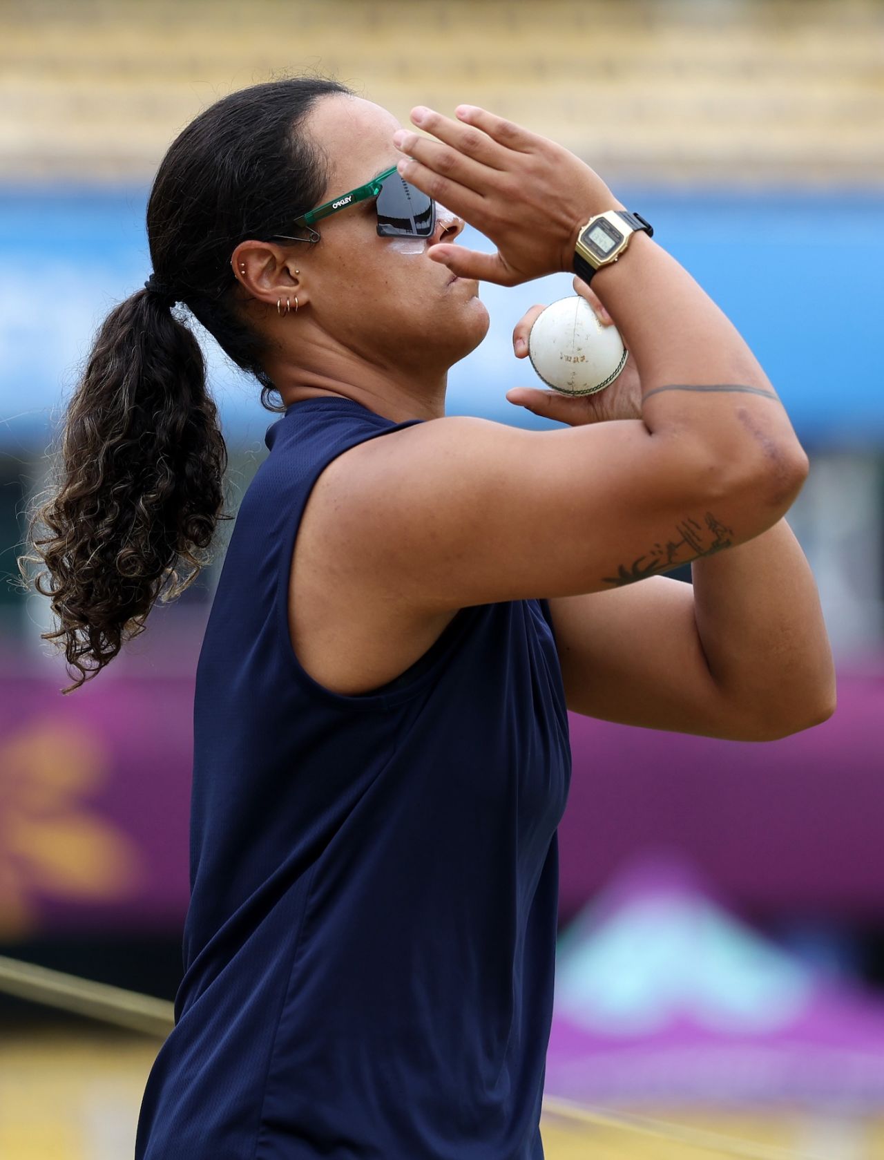 Chloe Tryon has a bowl before the game, England vs South Africa, Women's World Cup semi-final, Guwahati, October 29, 2025