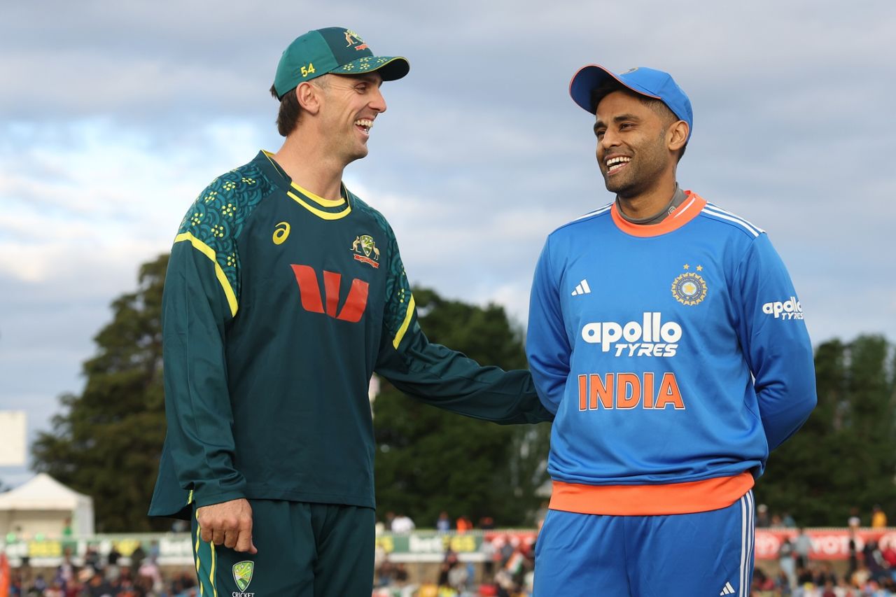Mitchell Marsh and Suryakumar Yadav exchange smiles, Australia vs India, 1st T20I, Canberra, October 29, 2025