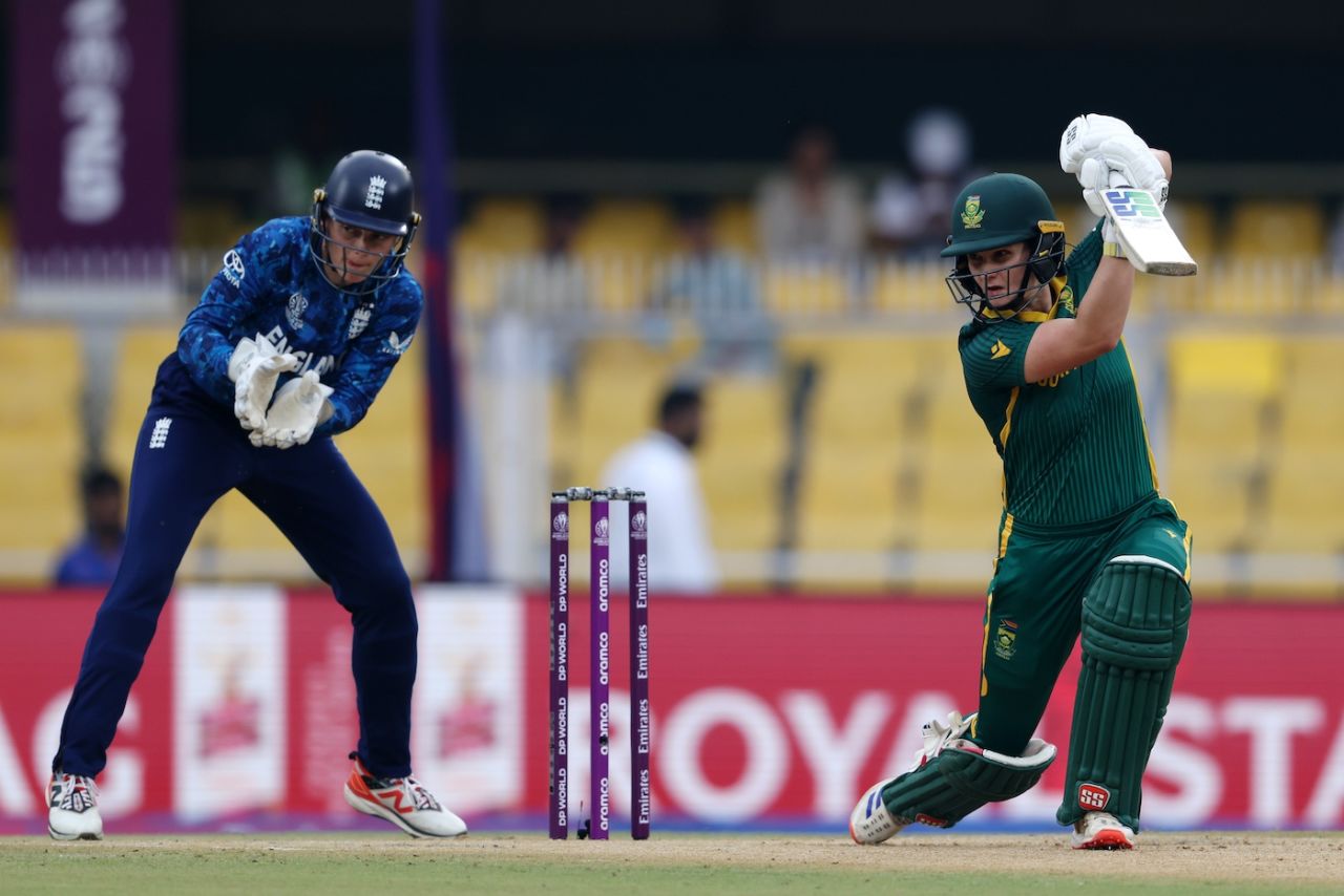 Laura Wolvaardt drives towards point, England vs South Africa, Women's World Cup semi-final, Guwahati, October 29, 2025